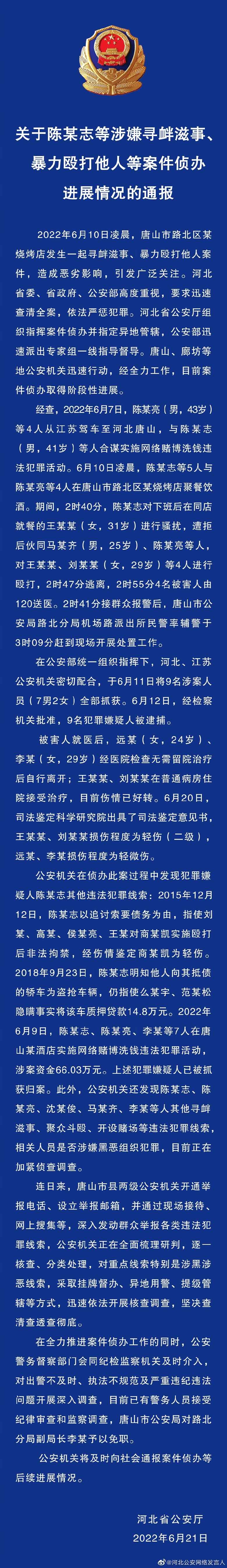 關于陳某志等涉嫌尋釁滋事、暴力毆打他人等案件偵辦進展情況的通報