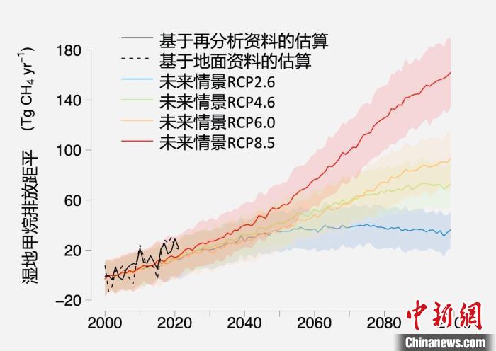基于觀測的濕地甲烷排放變化與未來氣候變化情景下估算的對比?！≈锌圃呵嗖馗咴?供圖