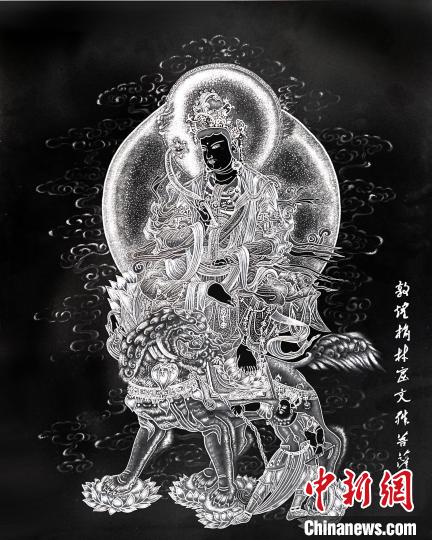 圖為朱增平創(chuàng)作的鍥金畫《敦煌榆林窟文殊菩薩》。(資料圖) 受訪者供圖