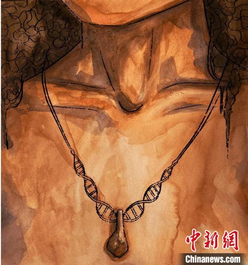 墜飾藝術(shù)再現(xiàn)圖，圖中吊墜繩為DNA螺旋樣式(圖片作者M(jìn)yrthe Lucas)?！∈┢樟指瘛ぷ匀?供圖