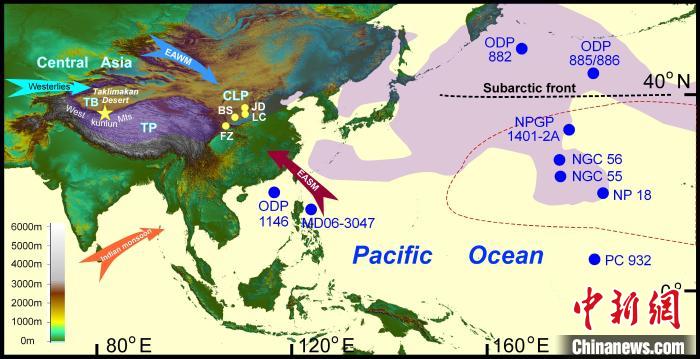 塔里木沙塵傳輸至北太平洋的路徑(陰影區(qū))及西昆侖山黃土巖芯位置(五角星)?！≈锌圃呵嗖馗咴?供圖