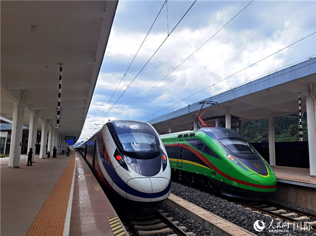 “復(fù)興號(hào)”和“瀾滄號(hào)”國際旅客列車?？吭诶蠐肽ザ≌?。人民網(wǎng) 杜明明攝