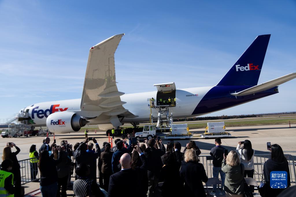 11月8日，在美國弗吉尼亞州的華盛頓杜勒斯國際機場，裝有大熊貓的特制“旅行包廂”準備運上專機。新華社記者劉杰攝