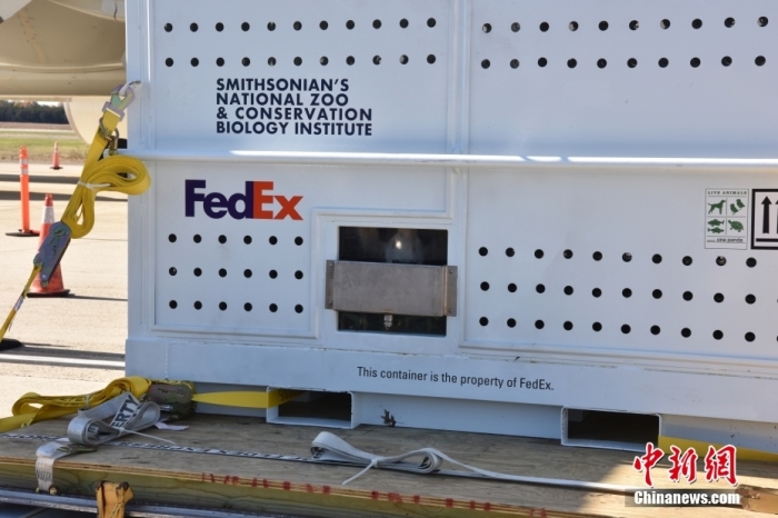 當(dāng)?shù)貢r間11月8日，美國華盛頓史密森學(xué)會國家動物園的大熊貓“美香”“添添”和它們的幼崽“小奇跡”乘坐的專機從華盛頓杜勒斯國際機場起飛前往中國成都。圖為裝有大熊貓的特制“旅行箱”。<a target='_blank' href='/'><p  align=