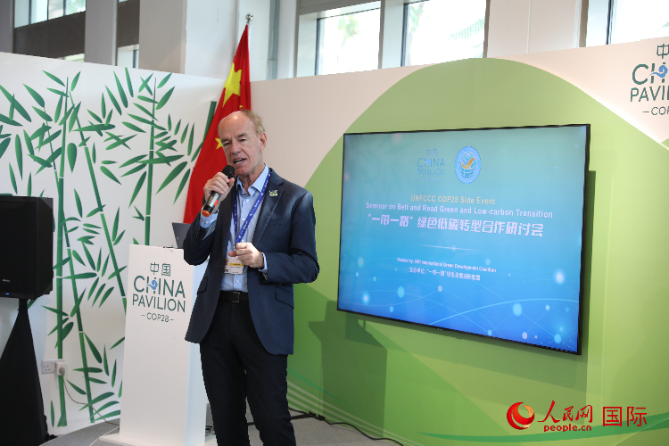 綠色聯(lián)盟聯(lián)合主席、世界自然基金會國際特使蘭博蒂尼在“一帶一路”綠色低碳轉(zhuǎn)型合作研討會上發(fā)言。人民網(wǎng)記者 張志文攝