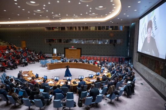 這是2023年11月20日在位于紐約的聯(lián)合國總部拍攝的安理會“共同發(fā)展促進(jìn)持久和平”公開辯論會現(xiàn)場。中國作為輪值主席，倡議聯(lián)合國安理會20日舉行主題為“共同發(fā)展促進(jìn)持久和平”的公開辯論會。新華社發(fā)（聯(lián)合國供圖/埃斯金德·德貝卜攝）