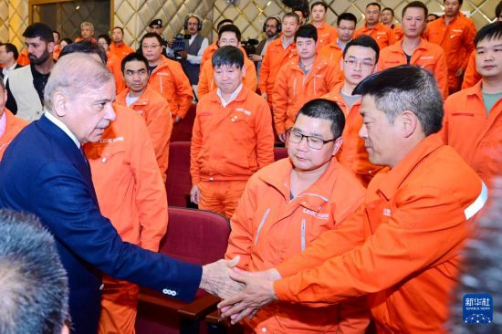 4月1日，在巴基斯坦西北部開(kāi)伯爾-普什圖省達(dá)蘇，巴基斯坦總理夏巴茲（左）同達(dá)蘇水電站項(xiàng)目中方員工握手。新華社發(fā)（巴基斯坦新聞與廣播部下轄媒體信息部門供圖）