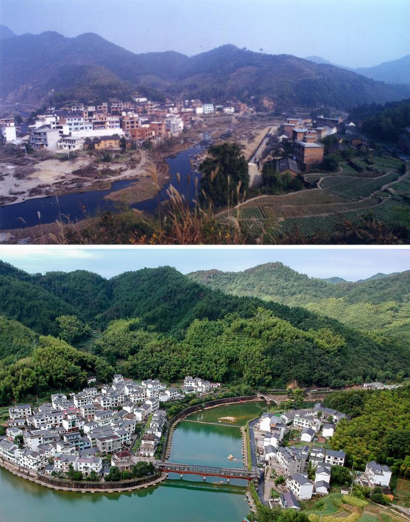 圖為浙江省杭州市淳安縣楓樹嶺鎮(zhèn)下姜村拼版圖，其中上圖為資料照片、下圖由新華社記者張鋮攝。