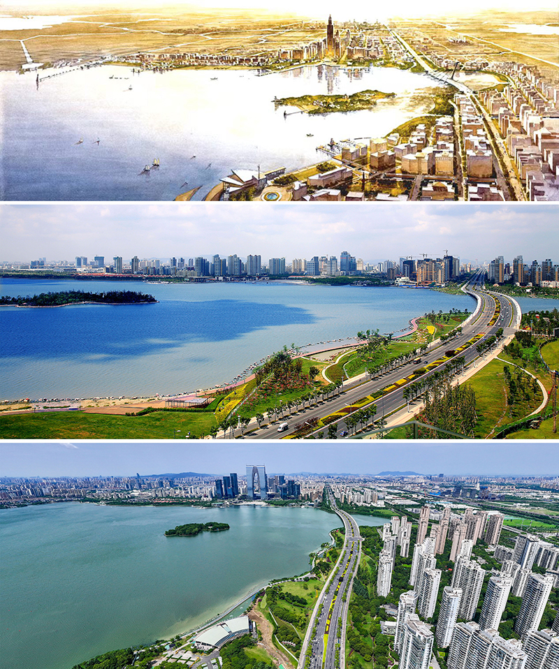 拼版照片：上圖為1994年繪制的蘇州工業(yè)園區(qū)手繪規(guī)劃圖；中圖為2007年拍攝的蘇州工業(yè)園區(qū)；下圖為2023年7月4日用無人機拍攝的蘇州工業(yè)園區(qū)。