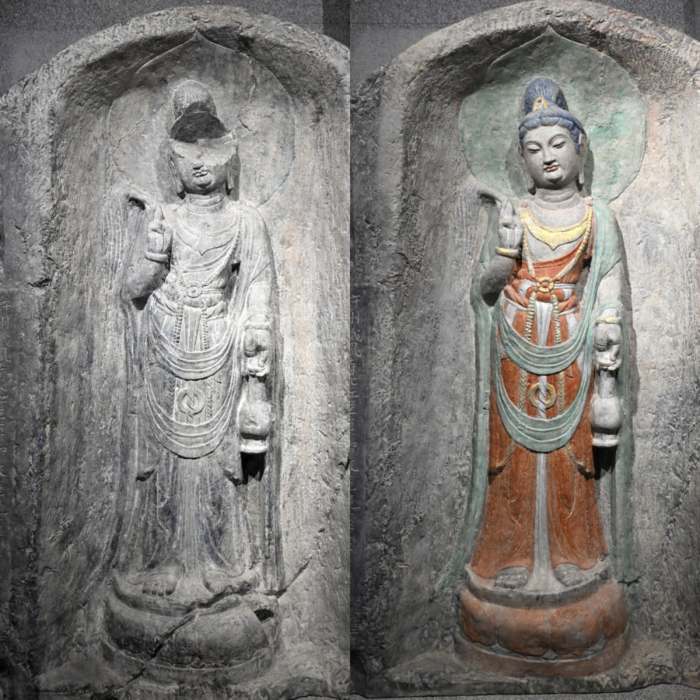 左圖為龍門石窟萬(wàn)佛洞窟前南壁菩薩造像的3D打印模型；右圖為利用數(shù)字化技術(shù)復(fù)原后的3D打印模型（2025年4月10日攝，拼版照片）。復(fù)原后的像龕精妙絕倫，栩栩如生，被游客譽(yù)為“龍門最美菩薩”。圖片來(lái)源新華社