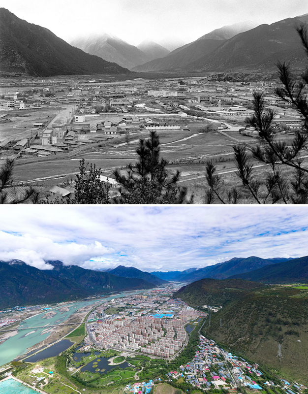 拼版照片：上圖是20世紀(jì)90年代的西藏林芝八一鎮(zhèn)；下圖是2021年7月20日拍攝的西藏林芝八一鎮(zhèn)風(fēng)貌。
