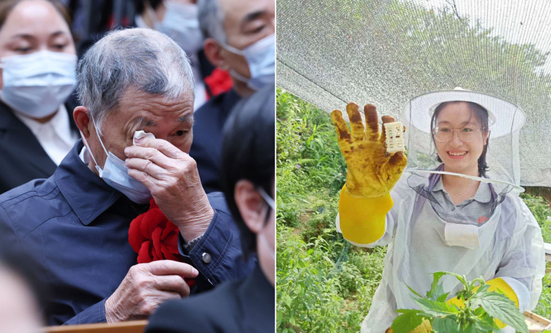 左圖為2021年2月25日，黃文秀的父親黃忠杰在全國脫貧攻堅(jiān)表彰大會(huì)上；右圖為黃文秀生前工作照。