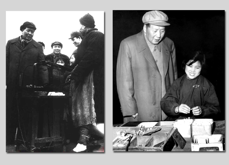 左圖：1953年，毛主席在湖北武漢蛇山與小販交談。右圖：1958年，毛主席視察沈陽市小型開關(guān)廠（今沈陽二一三電器有限公司），同裝配女工蘇玉春交談。