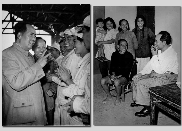 左圖：1959年，毛主席在安徽視察工廠時(shí)，同煉鋼工人親切談話。右圖：1959年，毛主席在湖南視察韶山，同貧農(nóng)社員親切談話。